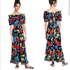 RIXO Floral maxi dress puff sleeve off the shoulders black  summer festival NWT